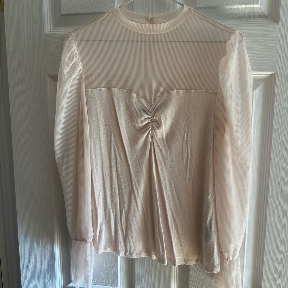 Suzy Shier Cream Sheer Blouse with Ruched Front